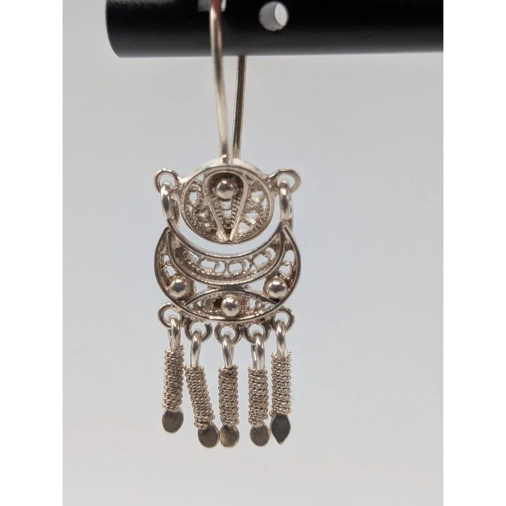 Peruvian Marked 950 Sterling Silver Filigree Handmade Inca Andean Drop Earrings